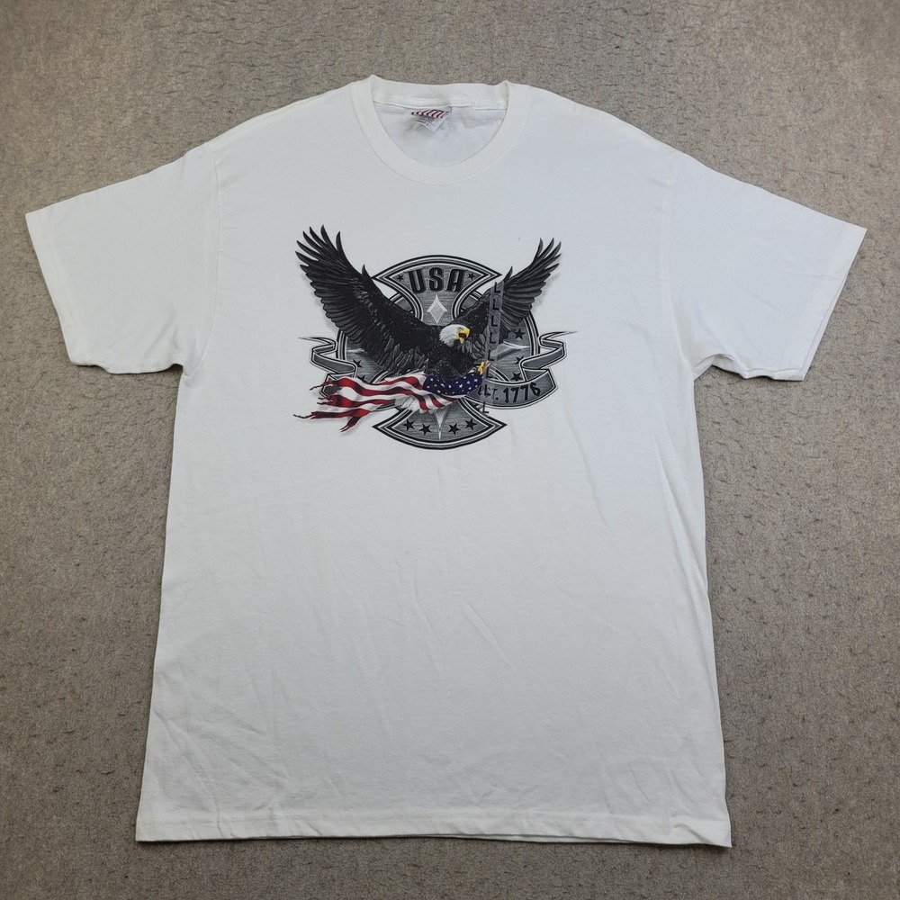 Vintage America T-Shirt‎ Mens L White Short Sleeve Crew Neck Eagle Made in USA